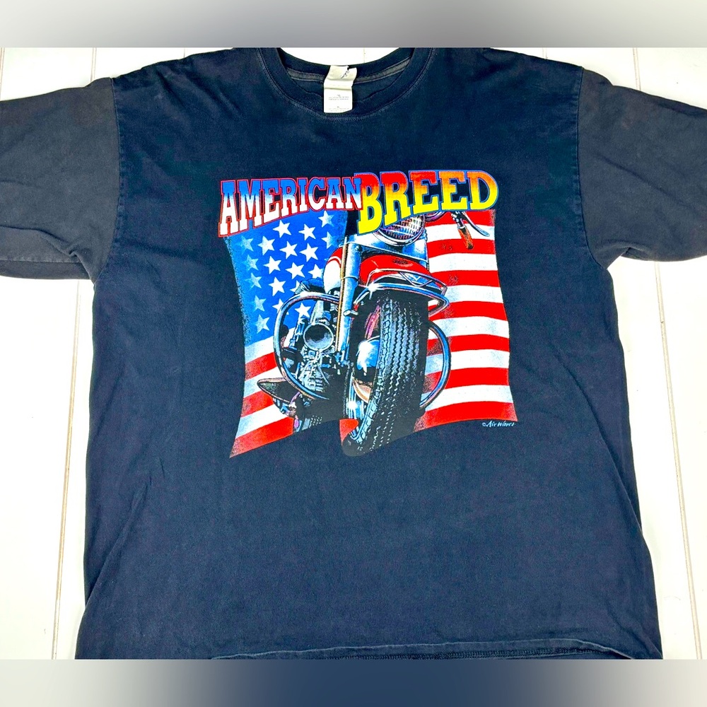 🦅VTG 90s American Breed American Flag T Shirt Harley Davidson Motorcycle